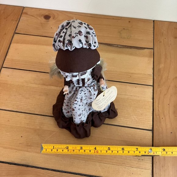 Blonde Big Eye Doll Brown Calico Floral Prairie Bonnet & Dress 9" Vintage Korea - Picture 10 of 12